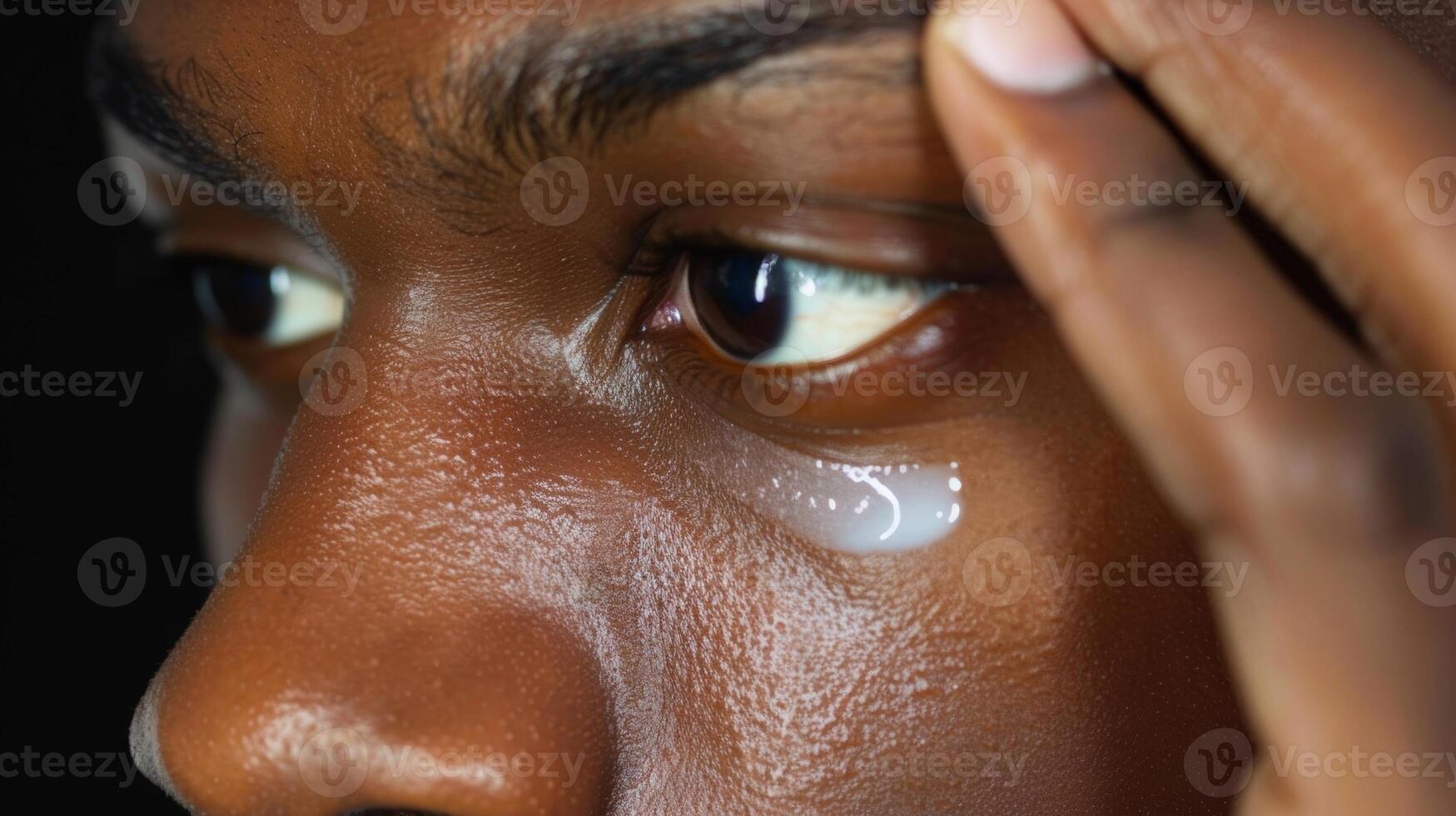 Using his ring finger he gently taps an eye cream under and around his eye area photo