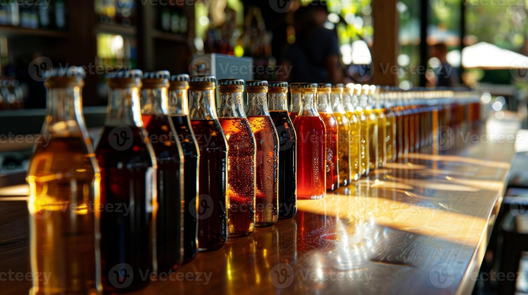 A long dining table lined with various flavors of artisanal craft sodas photo