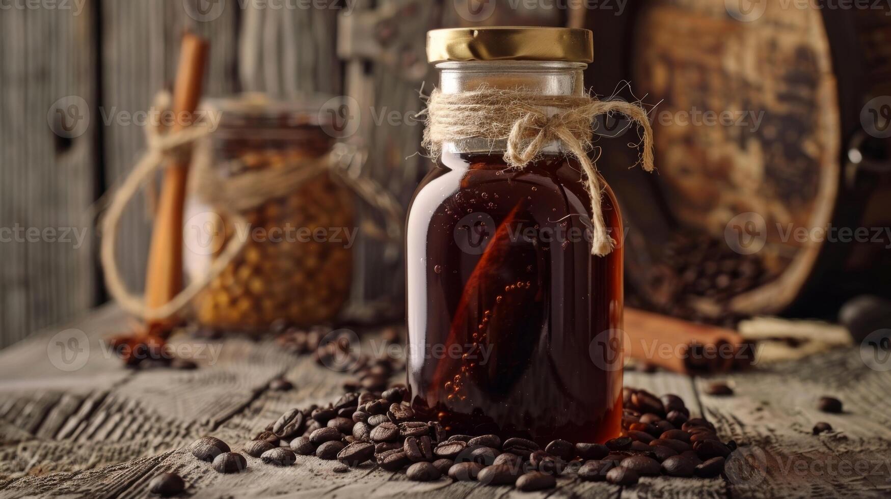 A jar of homemade coffee syrup made with a unique blend of es and natural sweeteners photo