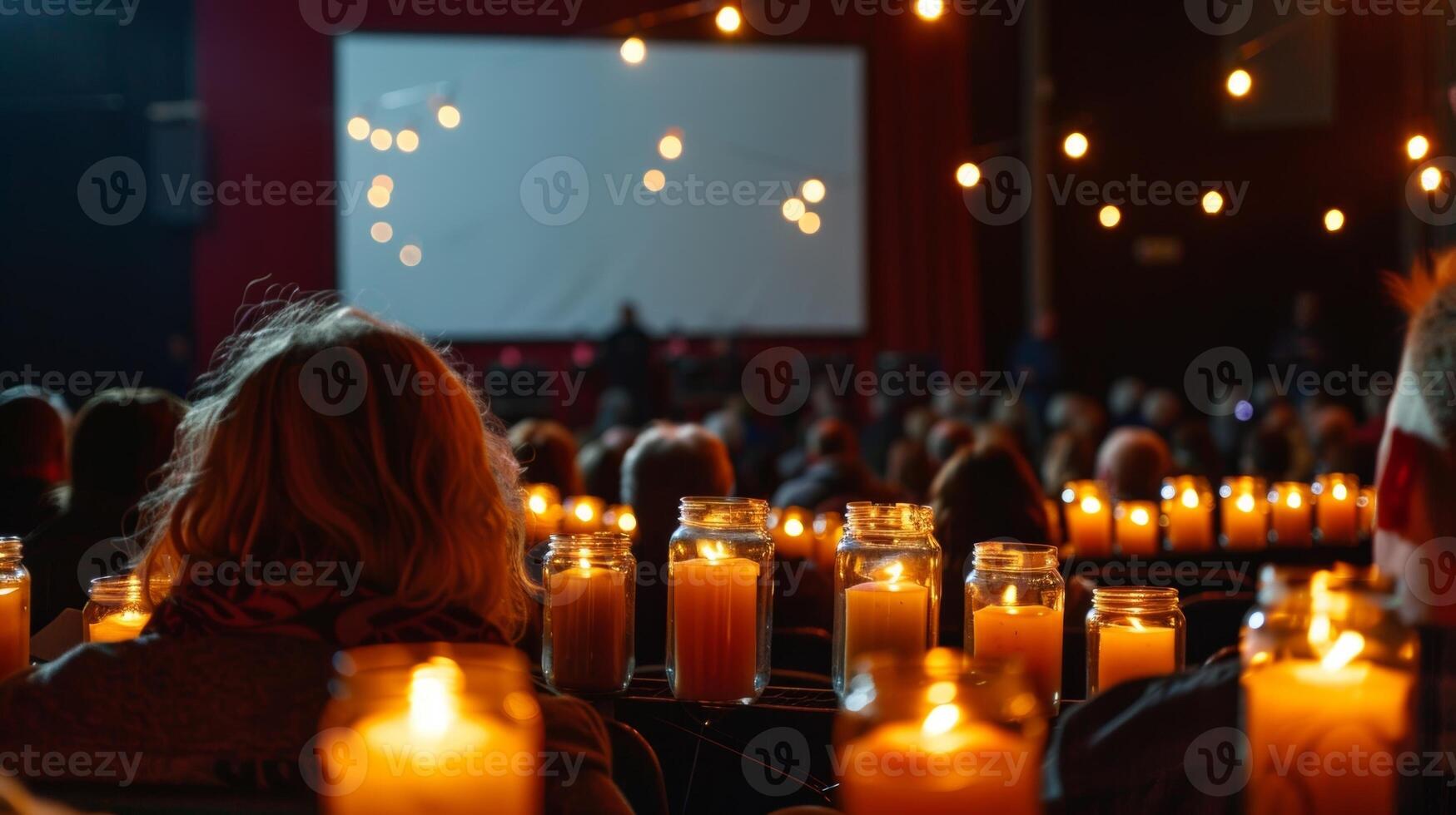 el pantalla es flanqueado por grande velas en masón frascos fundición un calentar resplandor a través de el caras de el audiencia. 2d plano dibujos animados foto