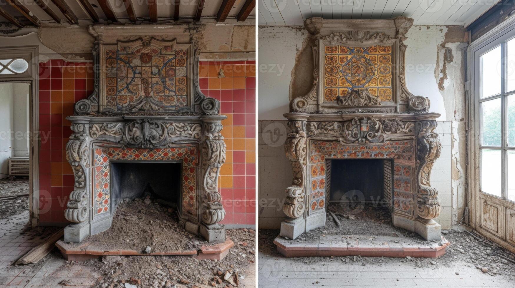 A stunning beforeandafter image showing the transformation of a deteriorated fireplace in a historic Tudorstyle home with handpainted tiles and ornate wooden carvings no photo