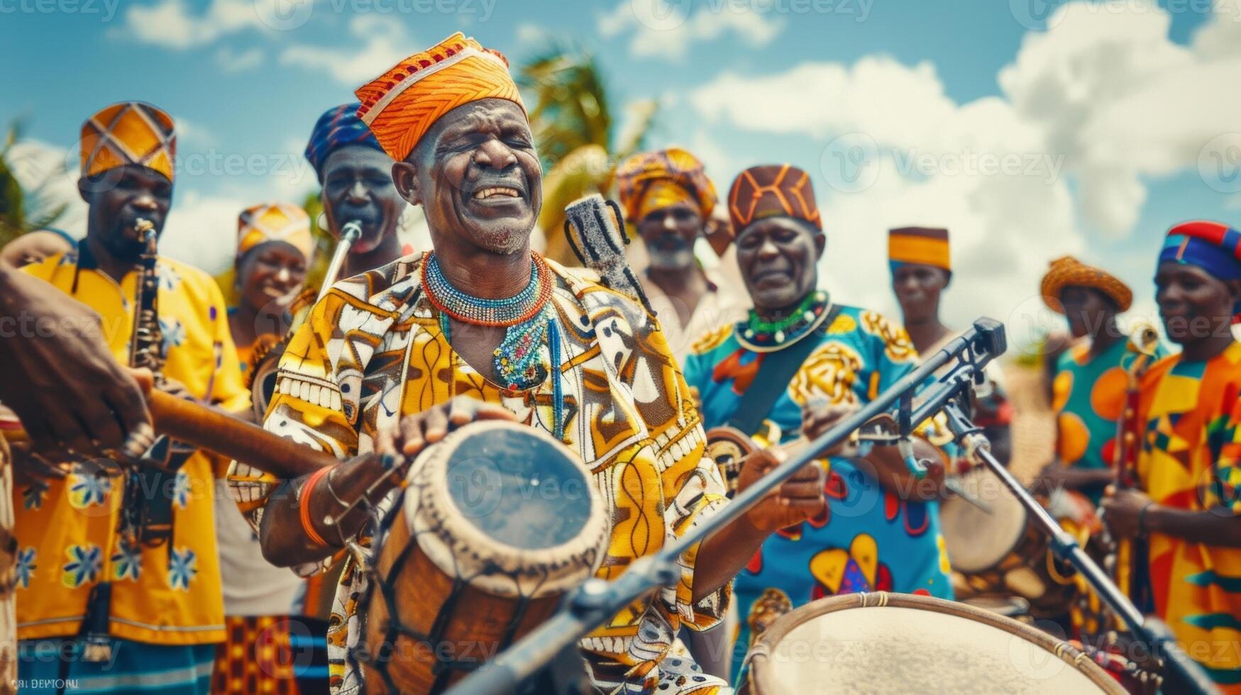 A band dressed in traditional brightly patterned clothing playing lively instruments and encouraging the crowd to join in on the festivities photo