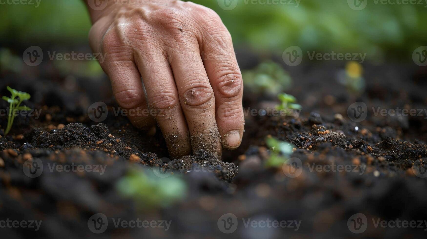 A hand digging a small channel in the ground revealing an underground irrigation system that directs water directly to the roots of plants minimizing evaporation photo