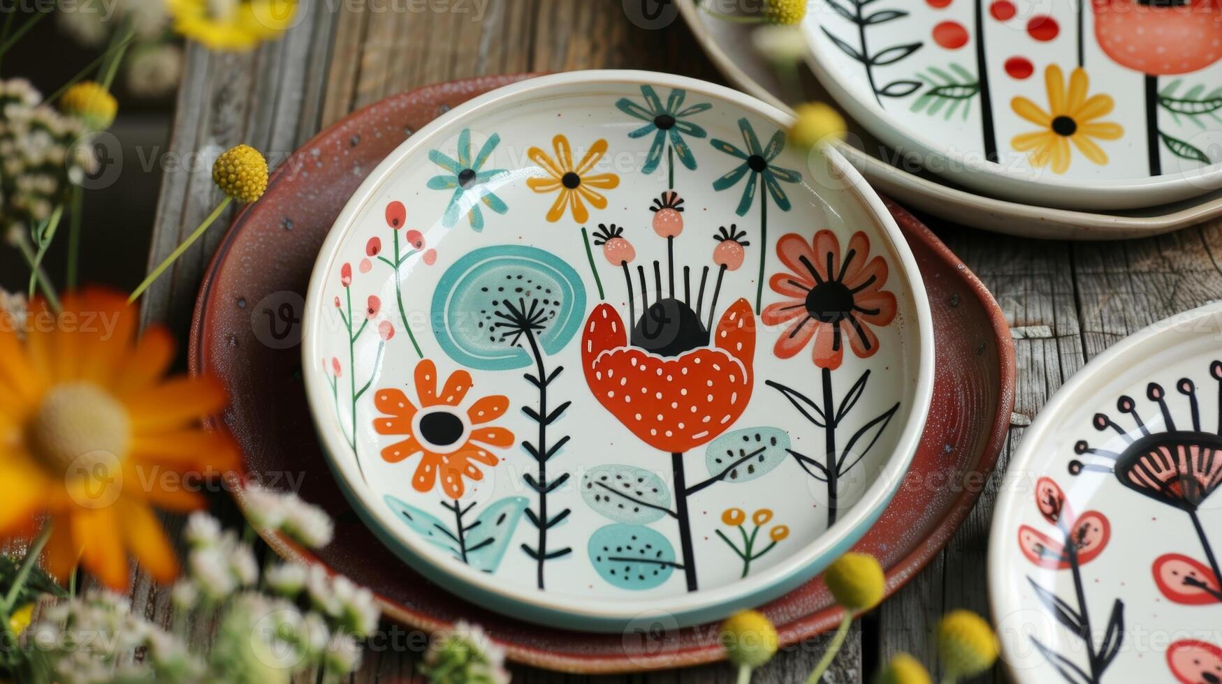 A personalized ceramic plate with a whimsical handdrawn design achieved through the freehand technique. photo