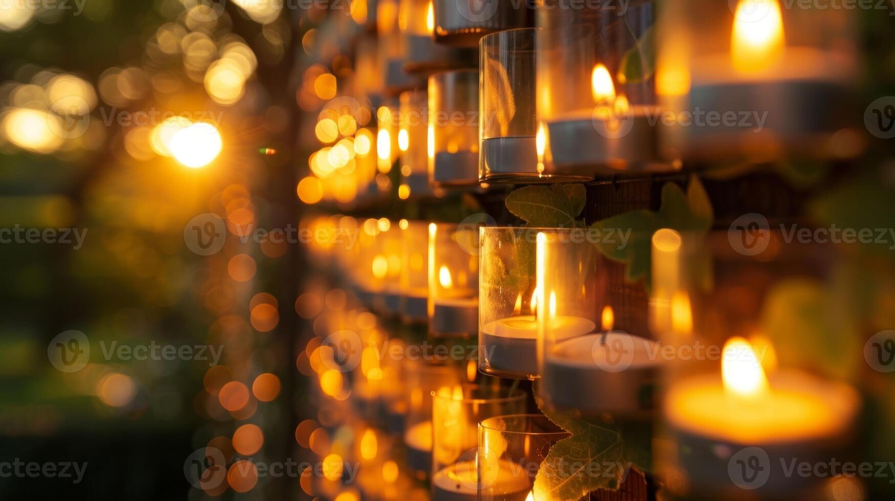 As the sun sets the wall of votive candles becomes the focal point of the outdoor gathering space providing a soft and romantic ambiance for the evening. 2d flat cartoon photo