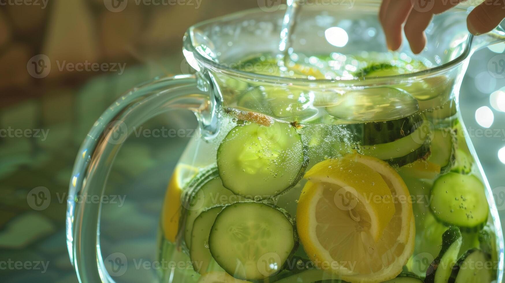 A person preparing a large pitcher of cucumber and lemon infused water a popular choice for staying hydrated and refreshed in the sauna. photo