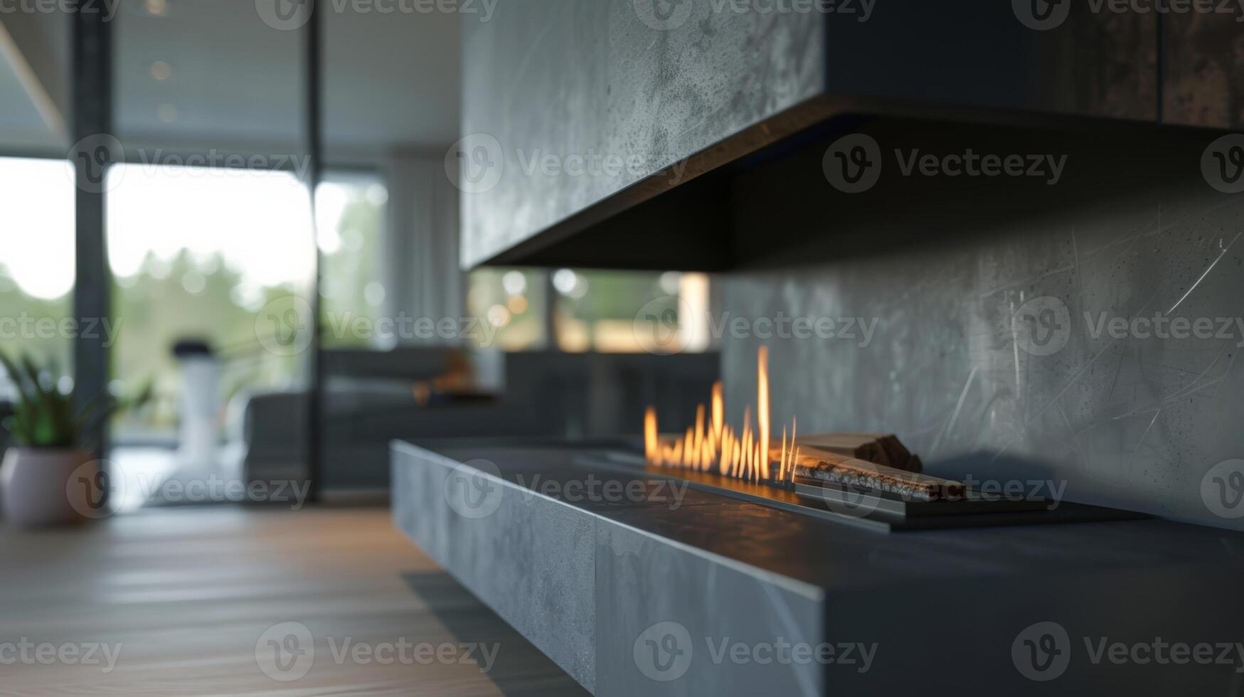 The suspended hearth seems to float effortlessly within the minimalistic black frame of the fireplace. 2d flat cartoon photo