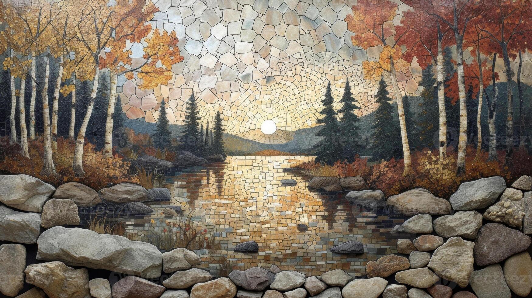 el terroso tonos y natural variaciones de un personalizado loseta mosaico representando un pacífico bosque escena capturar el belleza de naturaleza y añadir calor y tranquilidad a un vivo espacio foto