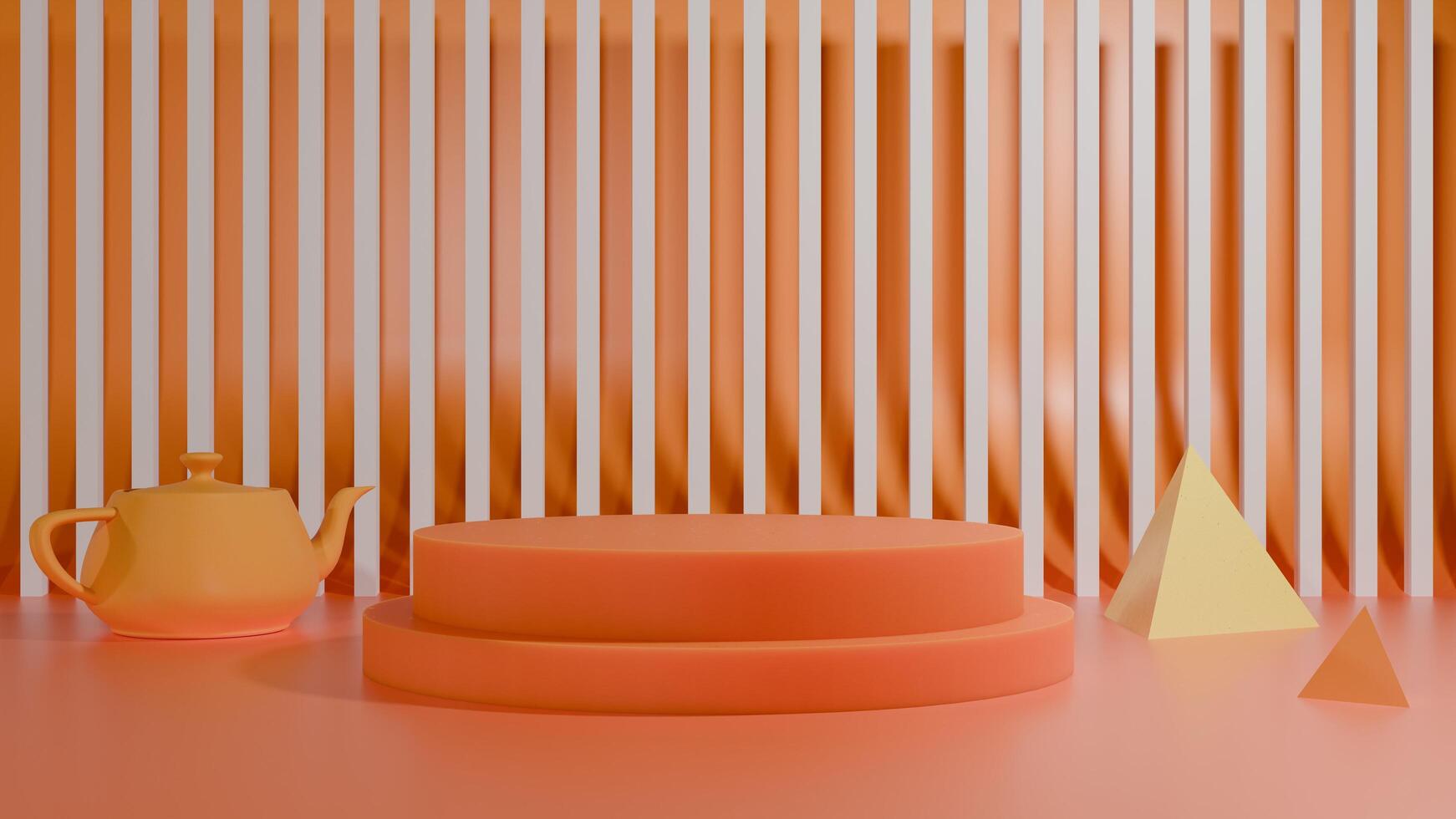 3d prestados lleno naranja color tema estudio con triángulo objeto y té maceta en antecedentes y el vacío espacio para producto en centrar foto