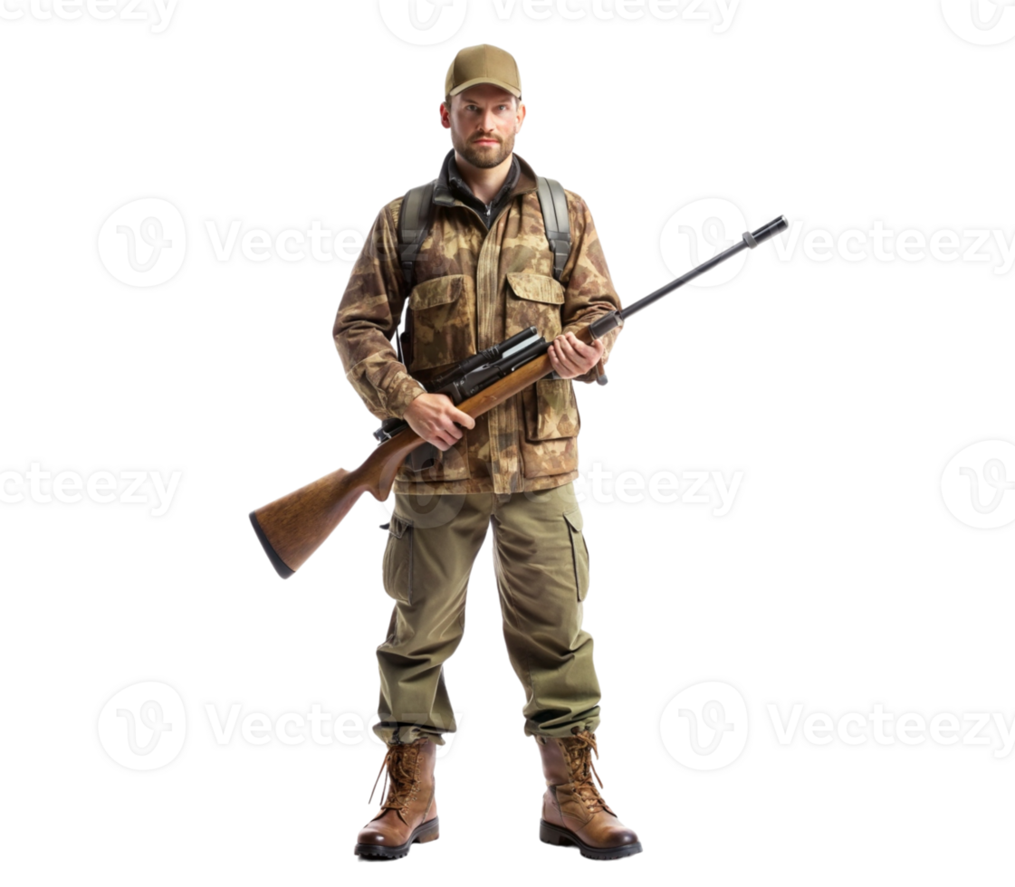 Hunter with rifle and suitable clothing- png