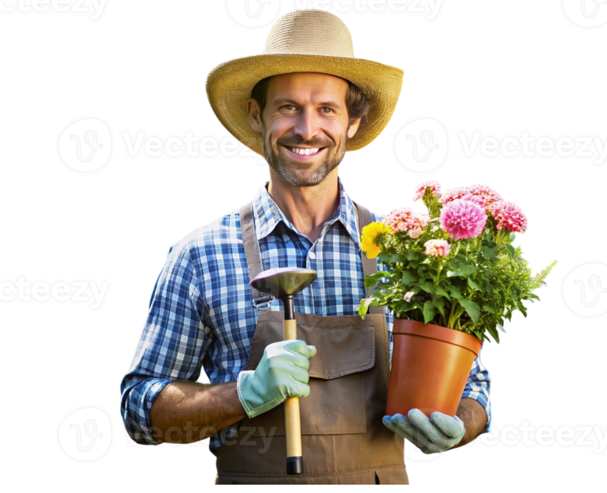 jardinero con pala y flor maceta en mano- png