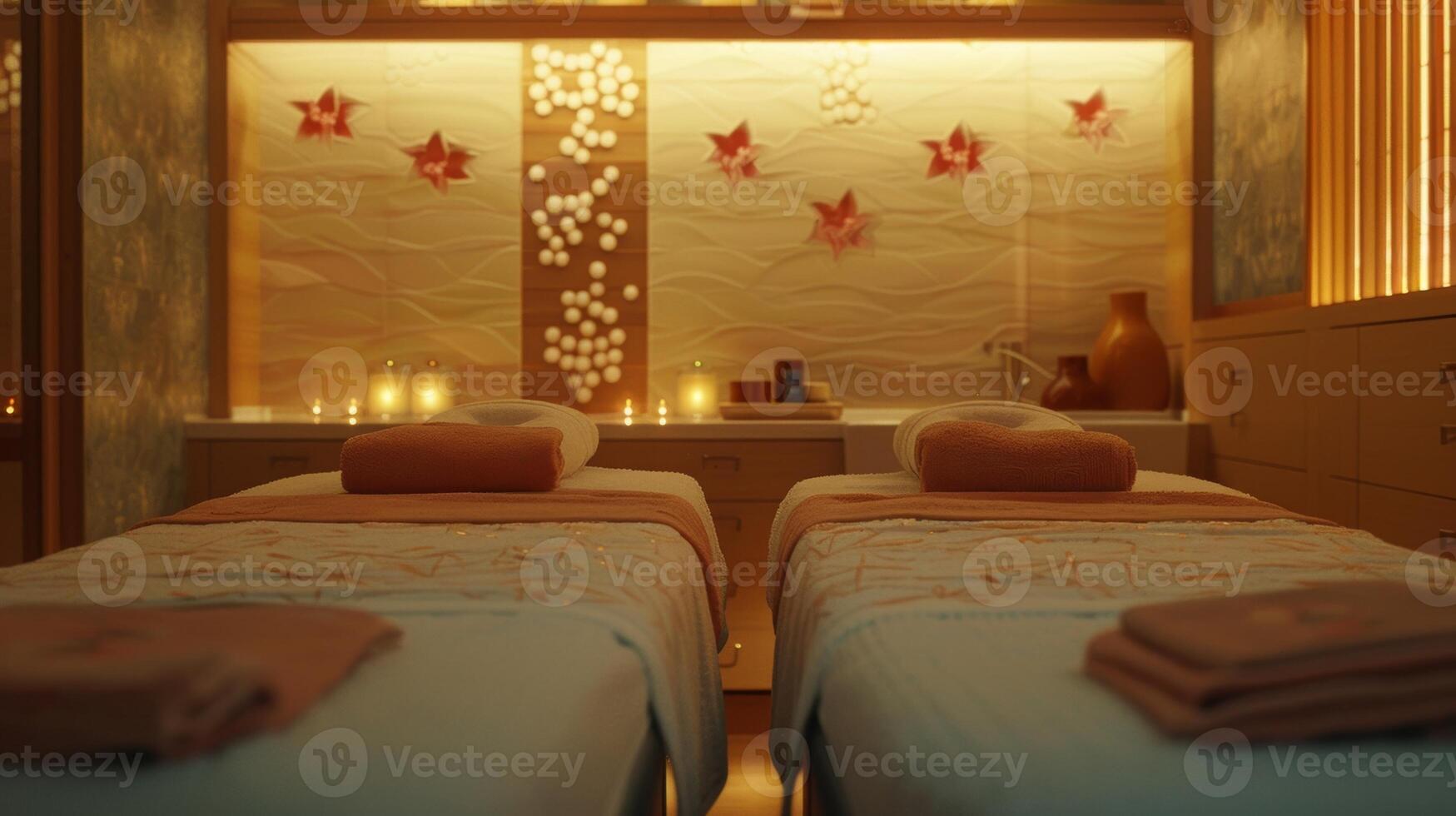 A serene massage room with soft lighting where a parent and child can be seen getting sidebyside massages. photo
