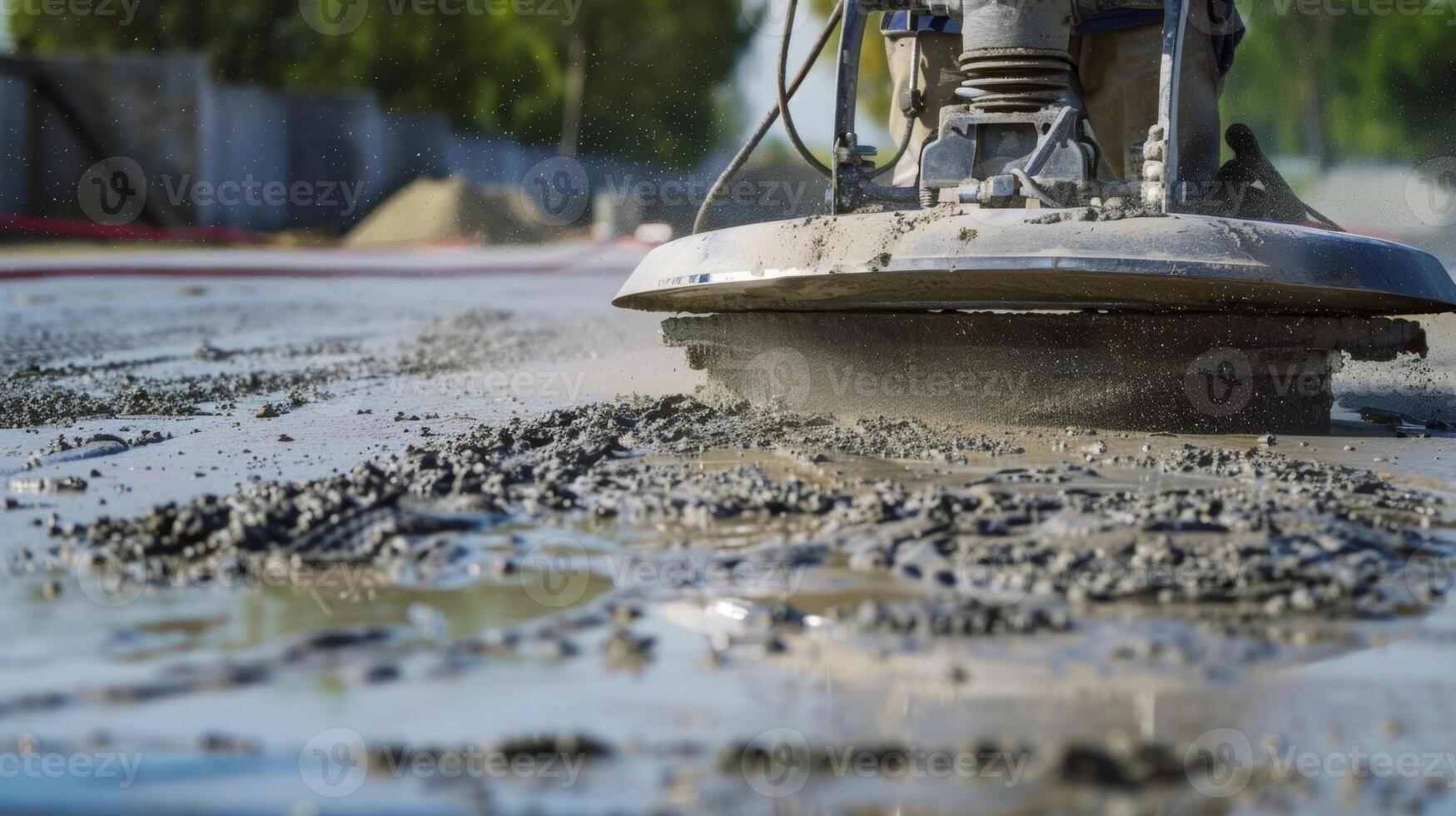 A large rotary power trowel glides over the surface of the concrete leaving behind a smooth and glossy finish photo