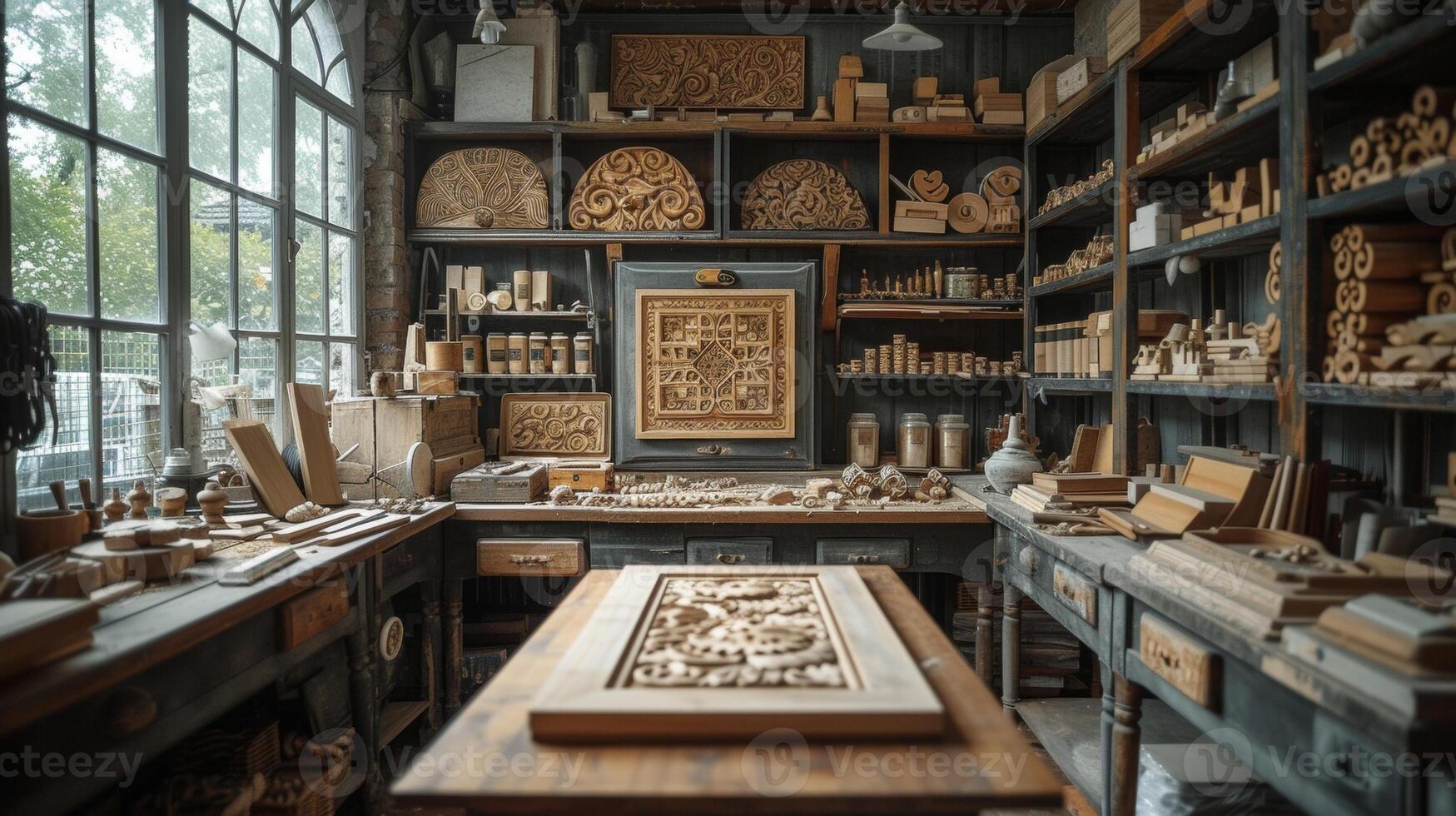 A behindthescenes look at a carpenters workshop with shelves of molding ting tools sawdust tered on the workbench and finished pieces of molding on display as a testamen photo