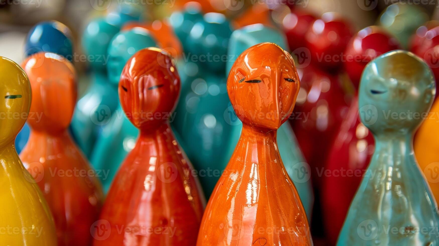 un colección de cerámico estatuillas con un suave y brillante esmalte terminar exhibiendo su vibrante y vívido colores. foto