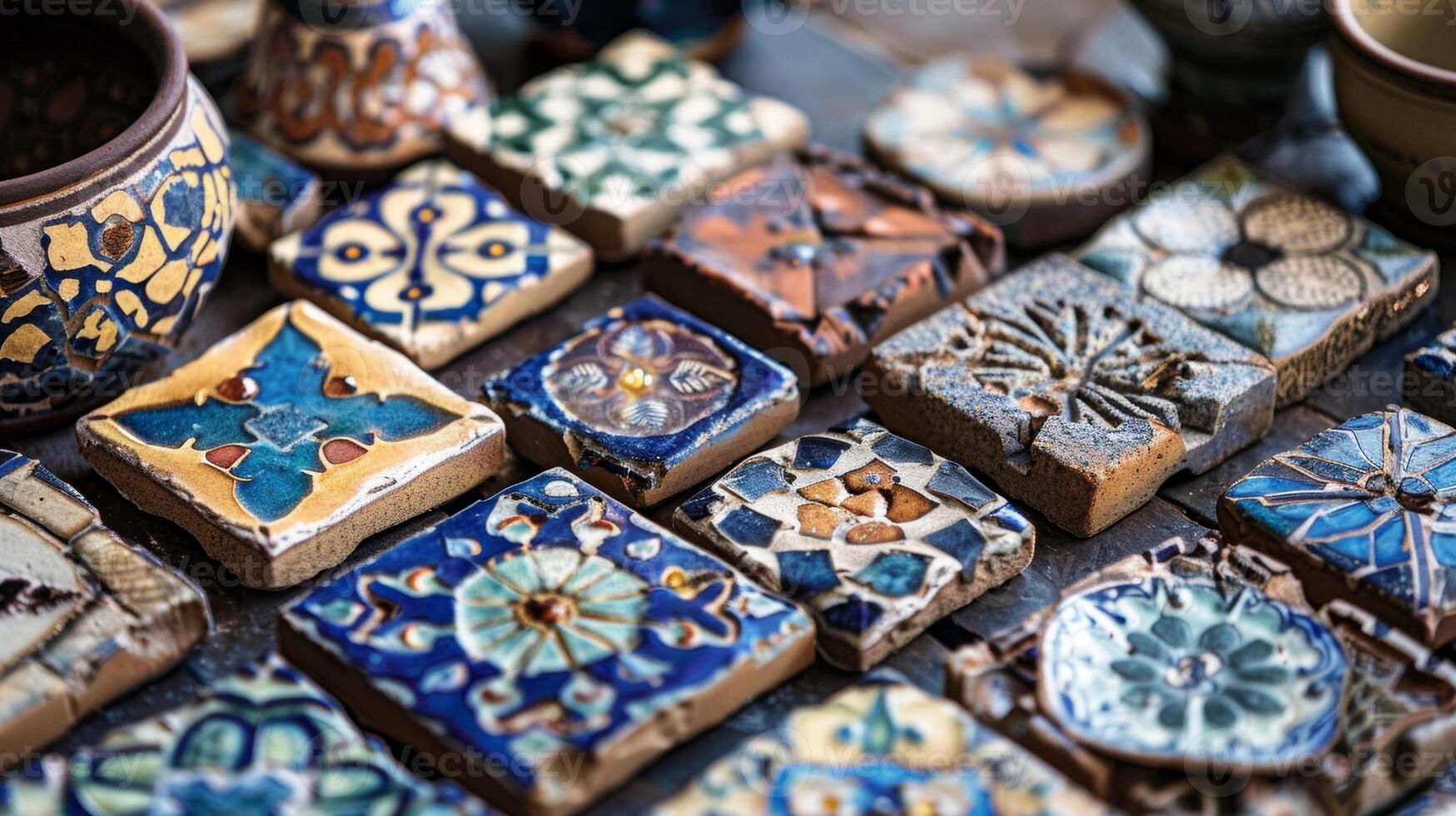 A set of mosaic tiles made from broken pieces of ceramic and arranged into a stunning design on a tabletop. photo