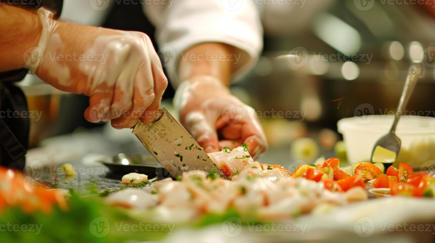 el cocinero expertamente preparando ingredientes para el multicurso comida exhibiendo su culinario habilidades y atención a detalle foto