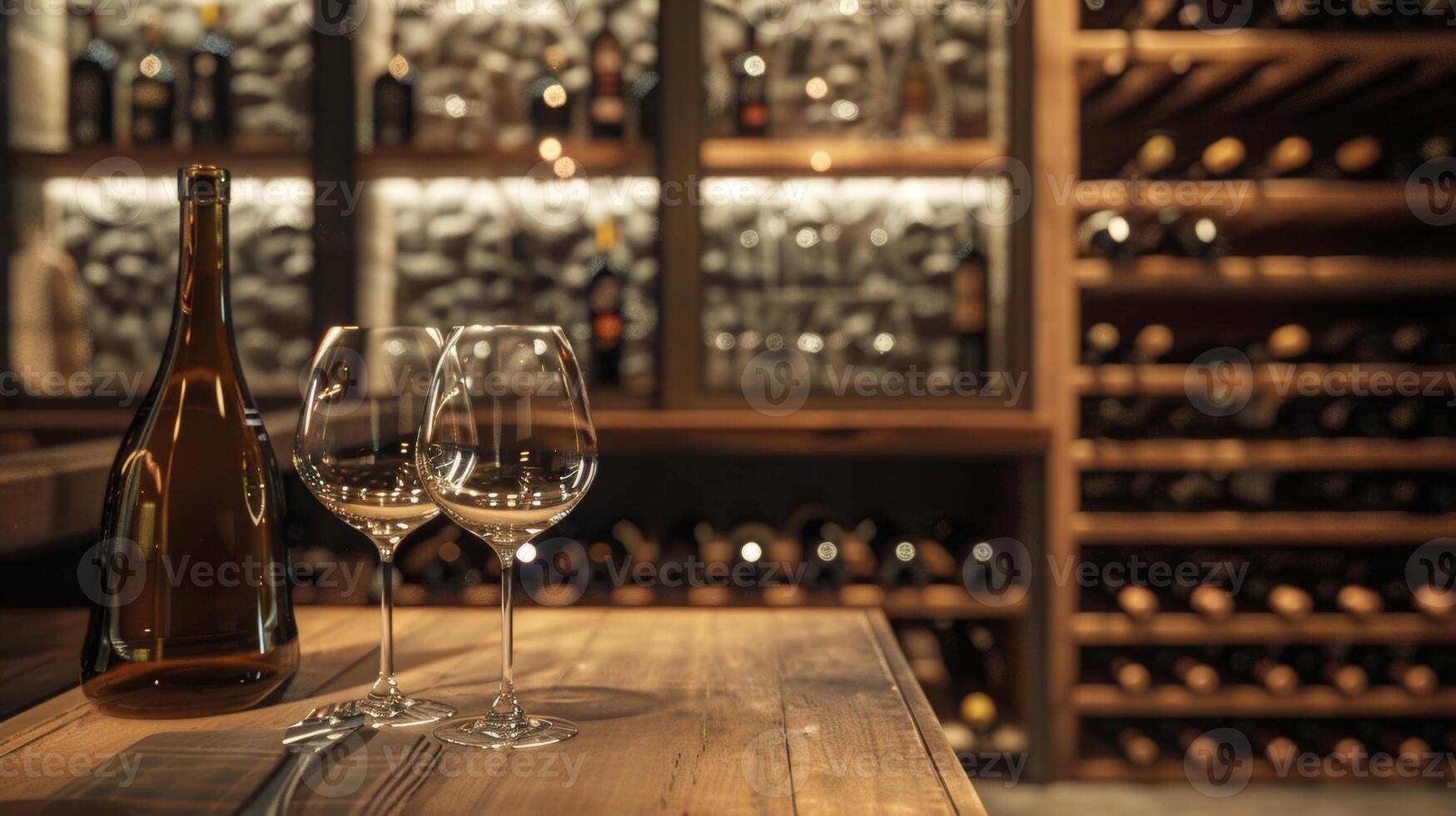 The wine cellar also doubles as a display space for a variety of elegant wine glasses and decanters. 2d flat cartoon photo