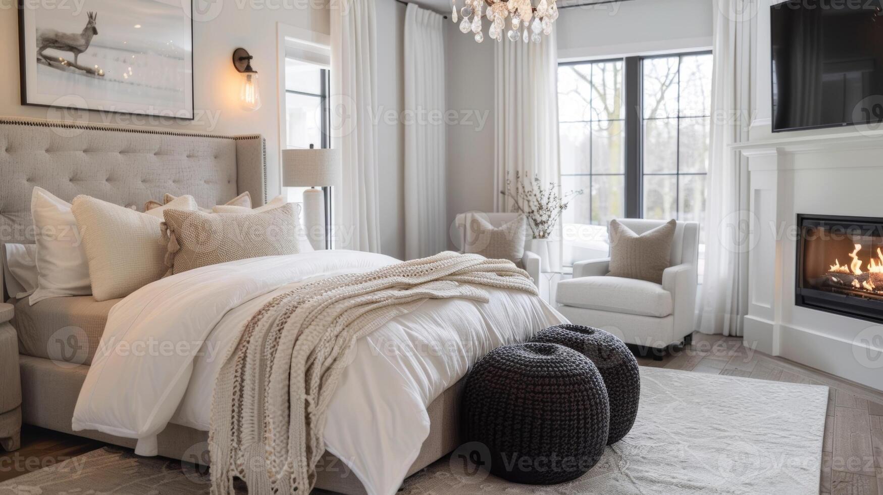 A monochromatic bedroom comes alive with the addition of a black fire orb its warmth and elegance adding depth to the room. 2d flat cartoon photo