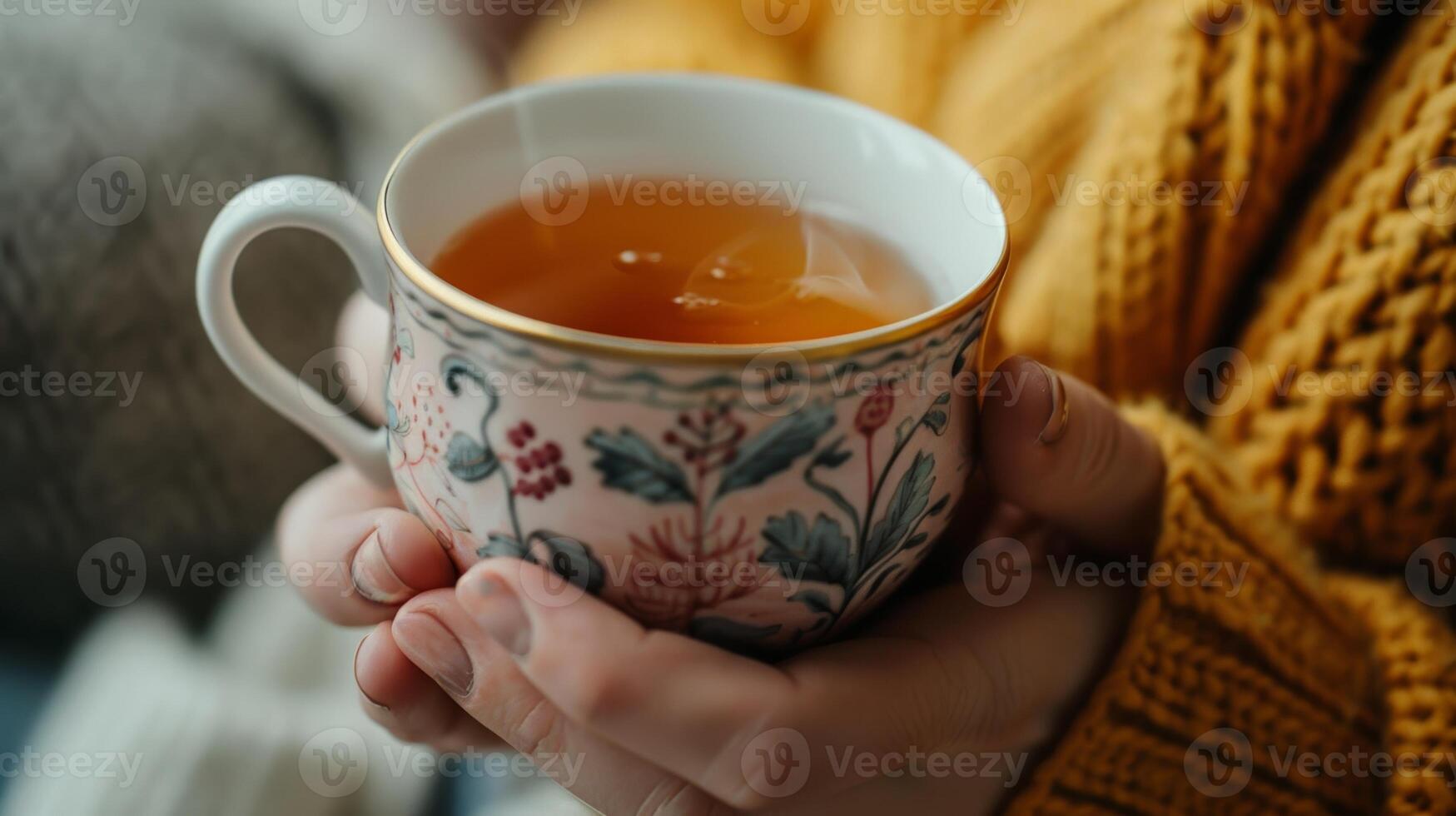 A persons hand holding a teacup with a beautiful floral pattern filled with a warm ambercolored tea photo