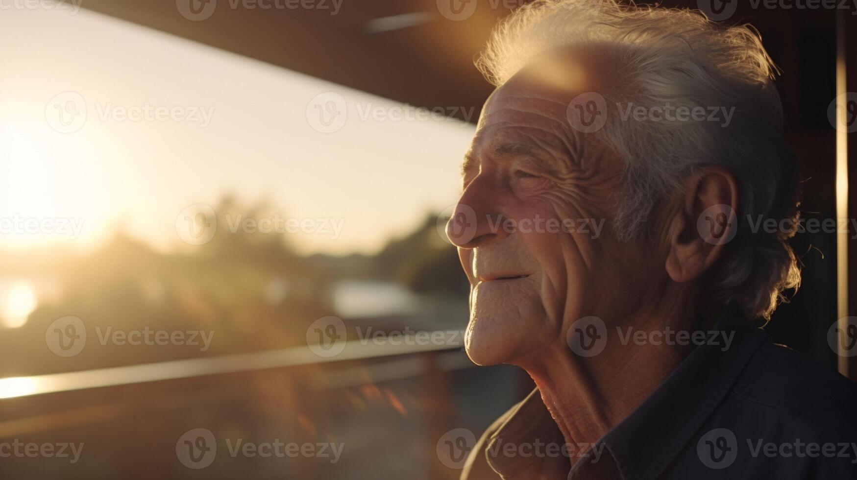 An older man taking a deep breath of fresh air as he lines up a perfect shot near the water the suns radiant rays casting a glow on the tranquil scene photo