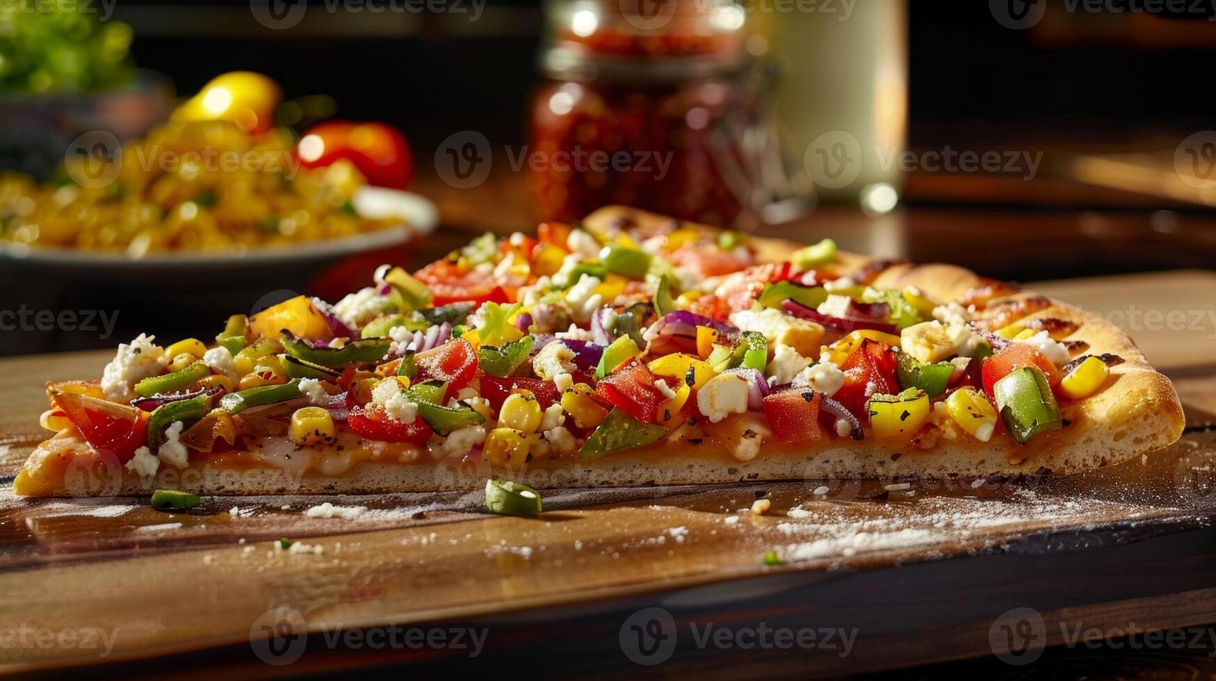 A slice of hearty vegan pizza loaded with colorful veggies and vegan cheese photo