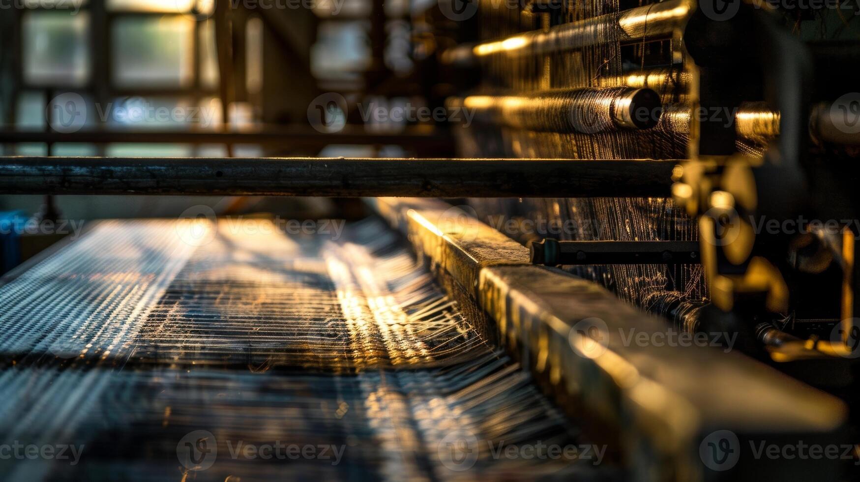 Natural light from the moon and stars filters through the open windows casting shadows on the looms. 2d flat cartoon photo