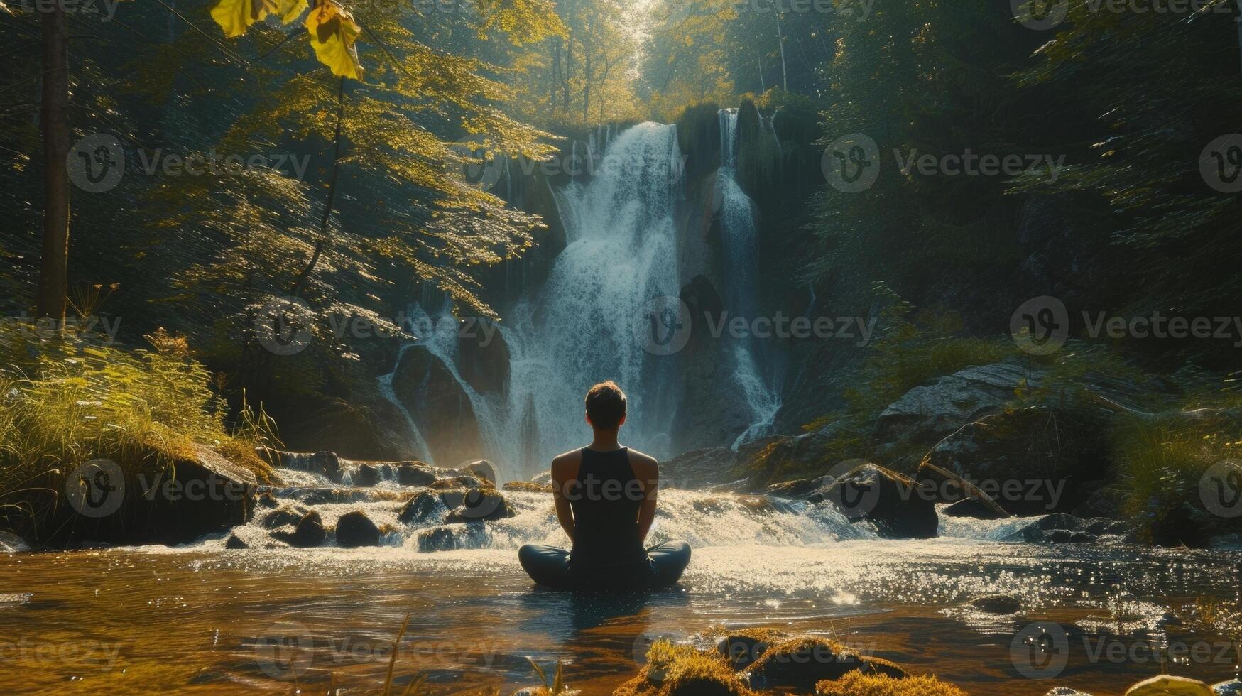 un persona meditando en un tranquilo bosque rodeado por alto arboles y el pacífico sonidos de un cerca cascada hallazgo renovación y rejuvenecimiento en el curación poder de naturaleza foto