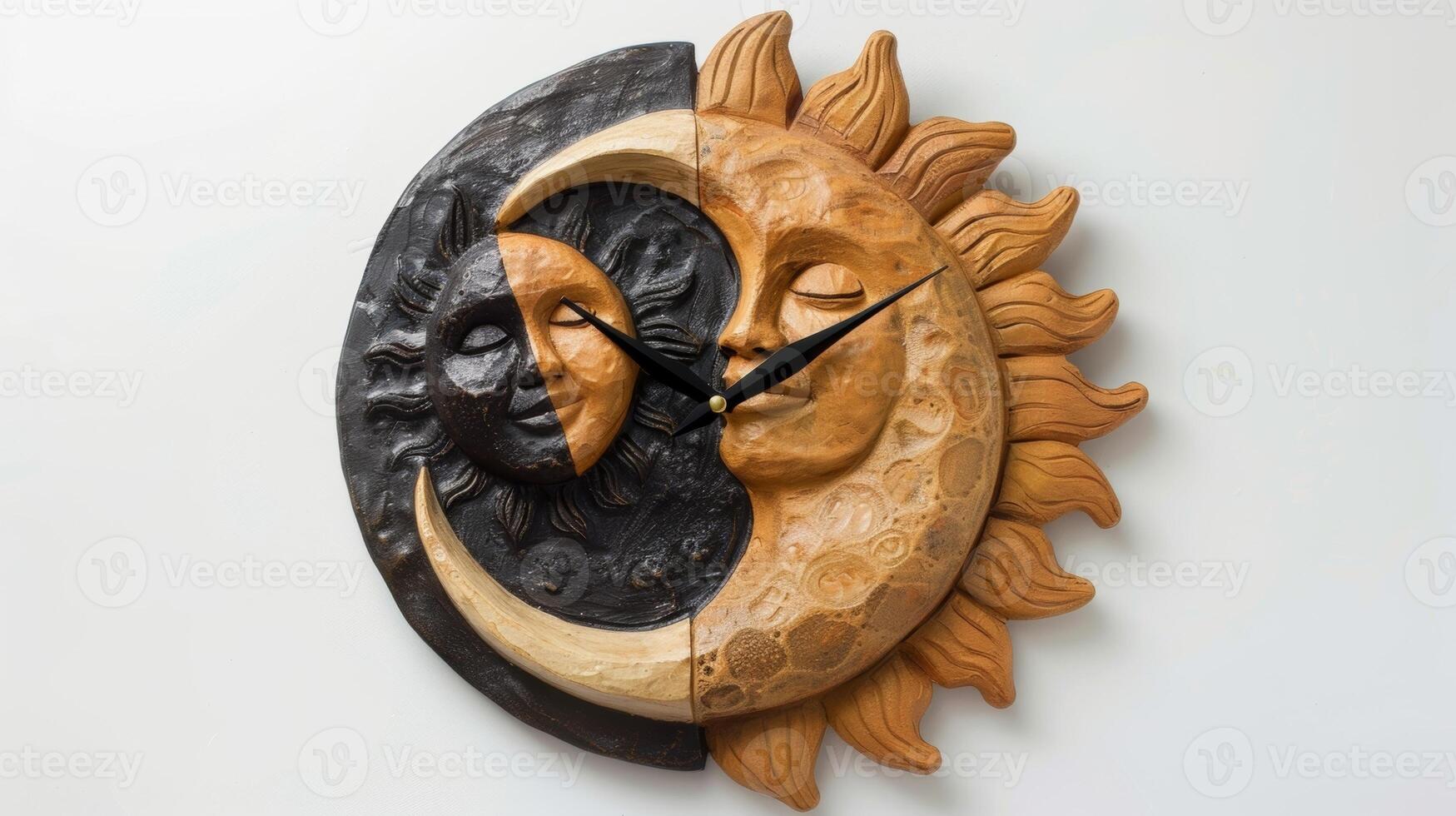 A clay wall clock decorated with a handcarved sun and moon design inspired by the constant cycle of day and night in nature. photo