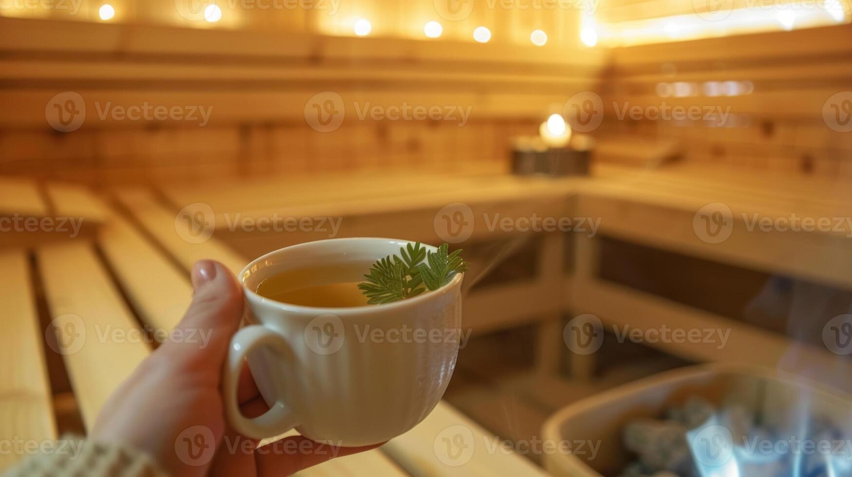 A closeup of a persons hand holding a cup of herbal tea with a sauna in the background showcasing the holistic approach to using saunas for SAD treatment. photo