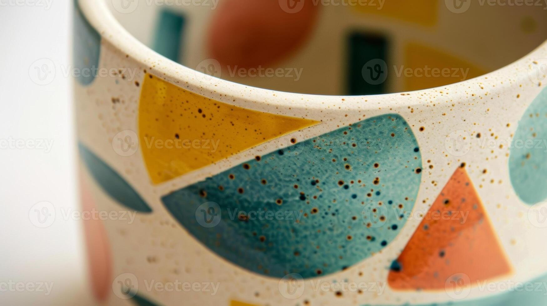 A terrazzoinspired ceramic mug with a playful pattern of geometric shapes in shades of blue green and yellow. photo