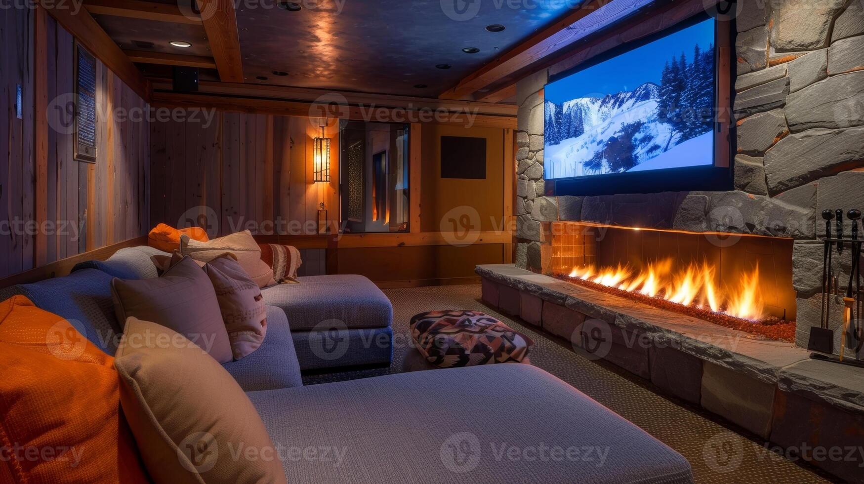 The crackling of the fire and the sound of your favorite music playing through the surround sound system create the ultimate relaxation experience. 2d flat cartoon photo