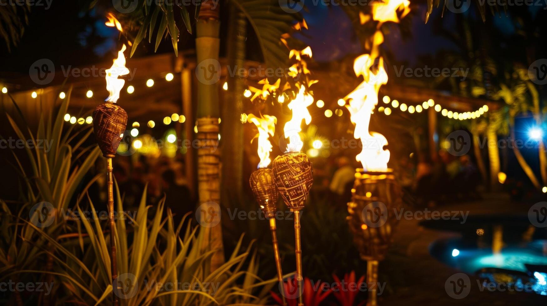 The flames of several tiki torches flicker in the background adding to the cozy and intimate atmosphere of the party. 2d flat cartoon photo