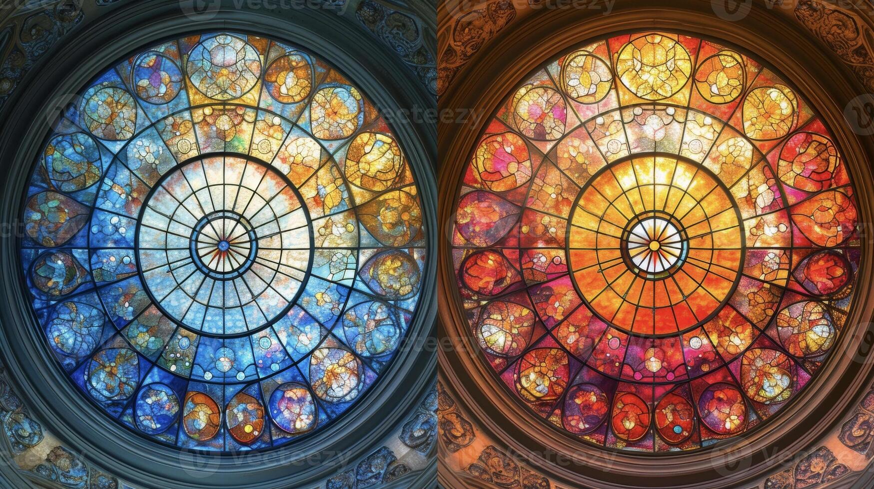 A beforeandafter comparison of a restored stained glass skylight in a historical church with vibrant colors and intricate designs now flooding the space with natural ligh photo