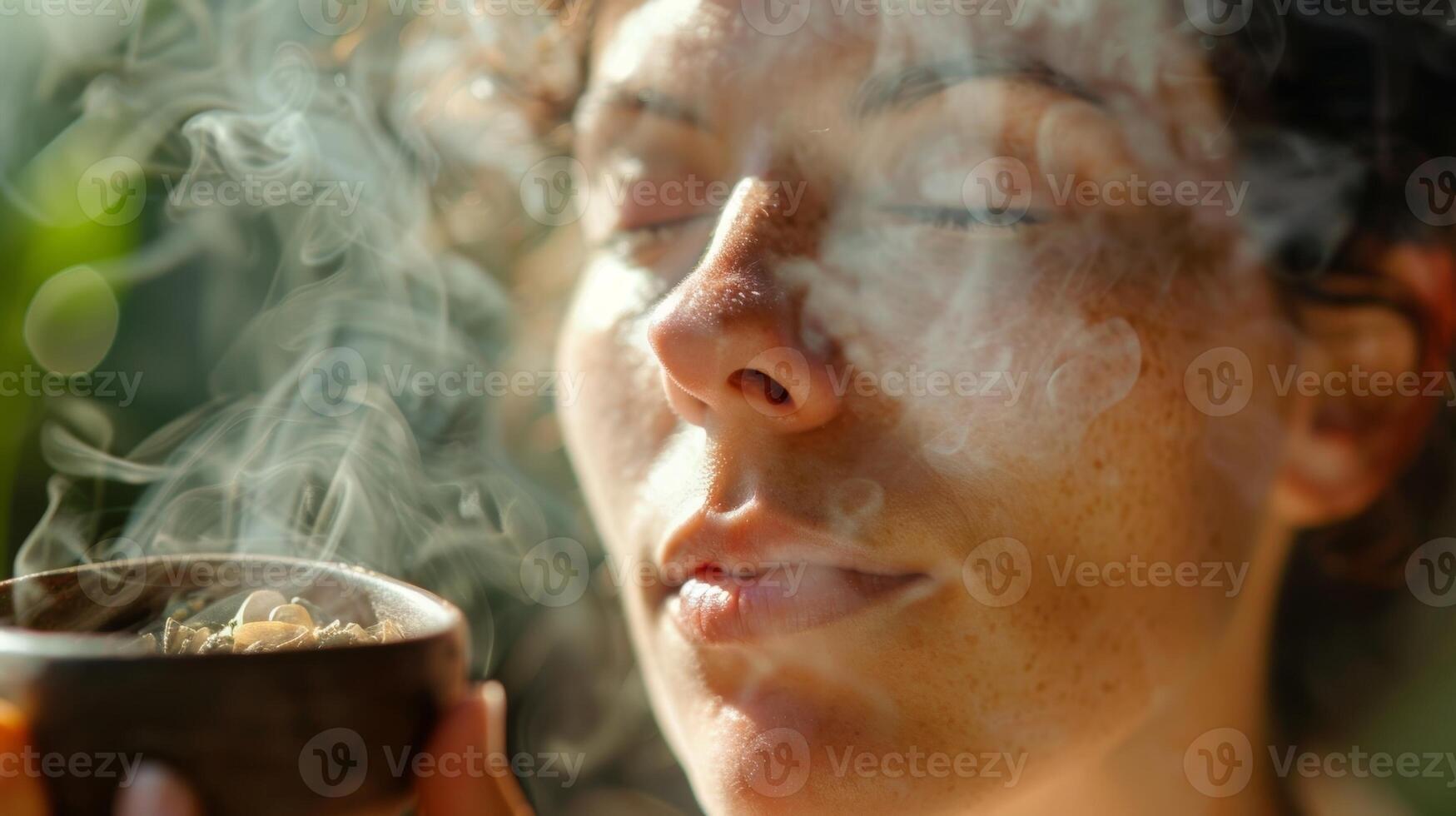 Inhaling the hot aromatic air the person sets aside all stress and tension embracing bliss. photo