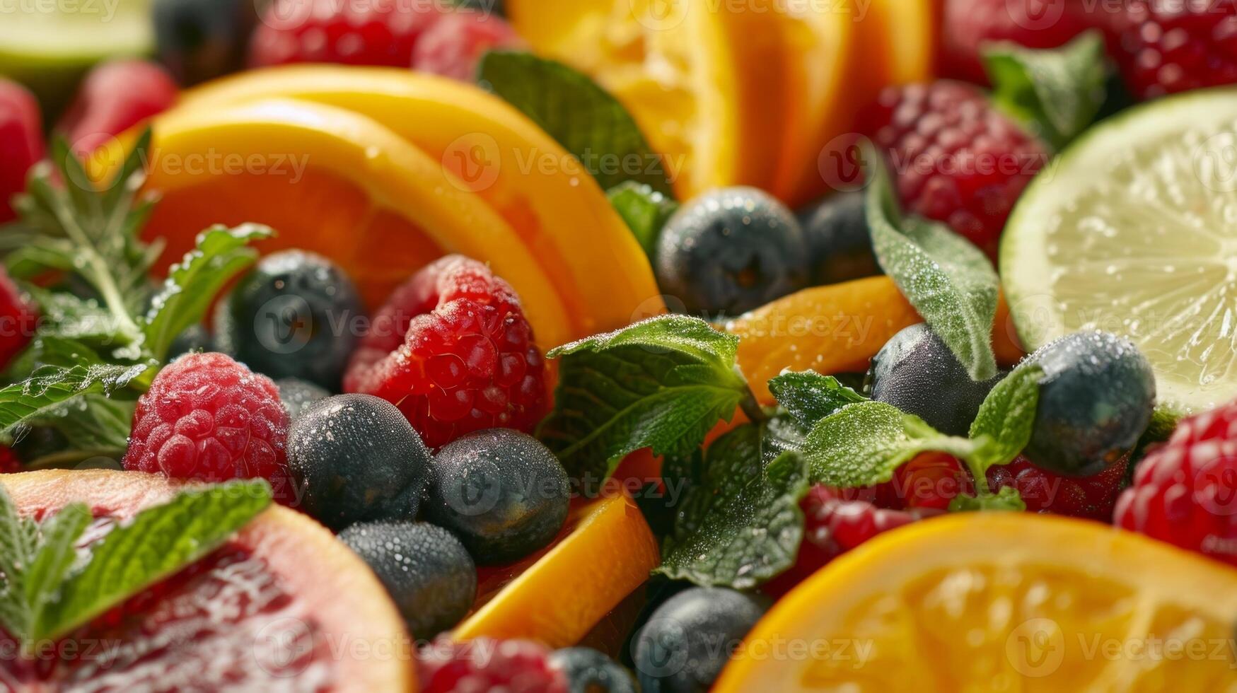 A colorful spread of fresh fruits and herbs used to infuse nonalcoholic beverages in a baking and mixology class photo