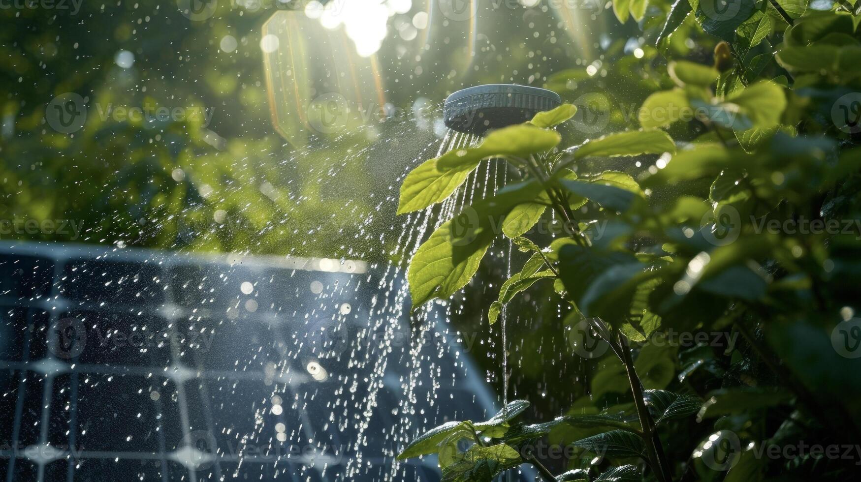 un imagen de un funciona con energía solar riego sistema en acción exhibiendo un Respetuoso del medio ambiente camino a mantener jardines hidratado sin debilitante energía foto