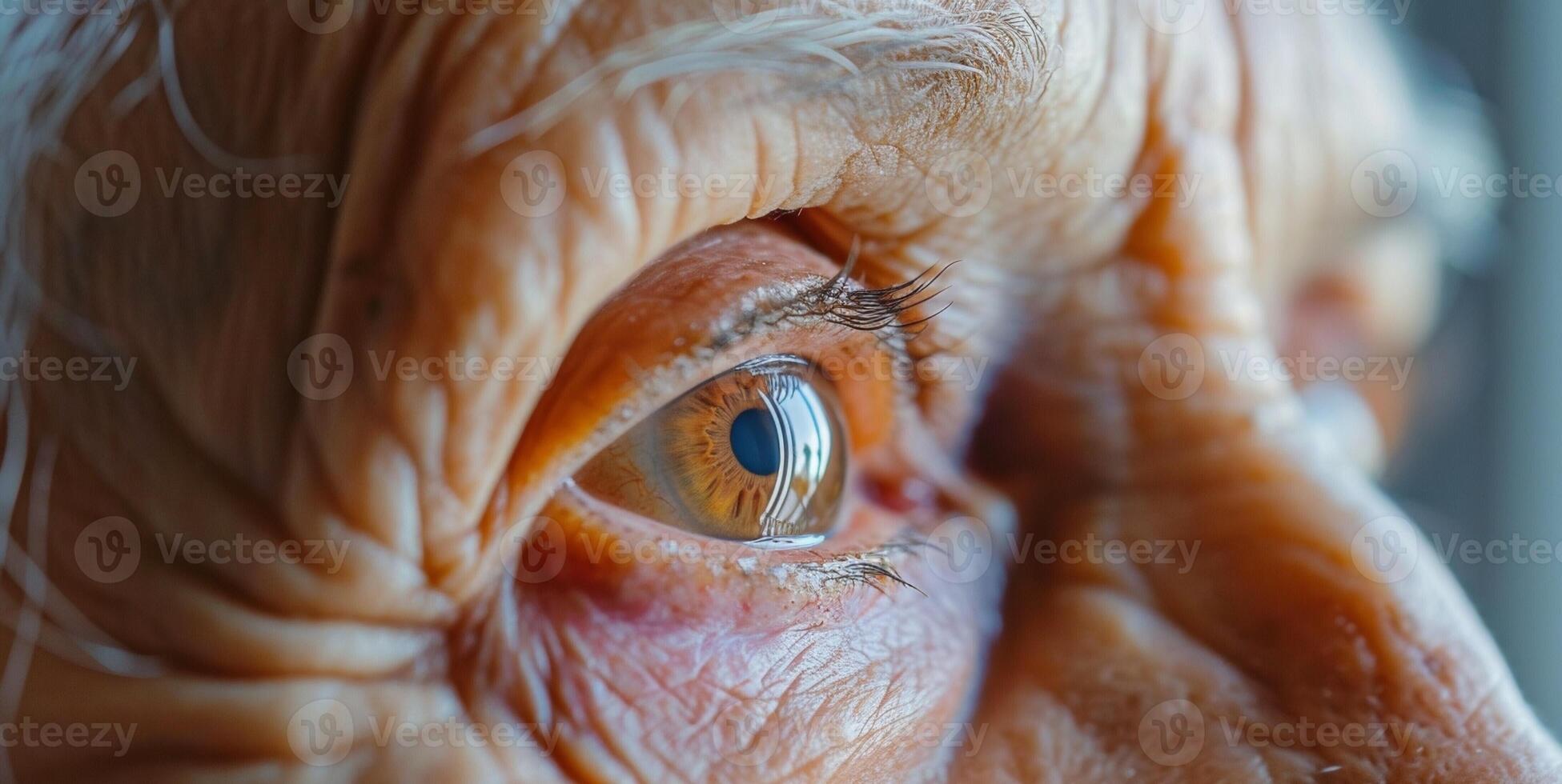 A closeup of an elderly womans eye as she reads off a vision chart testing her visual acuity with the help of an optometrist photo