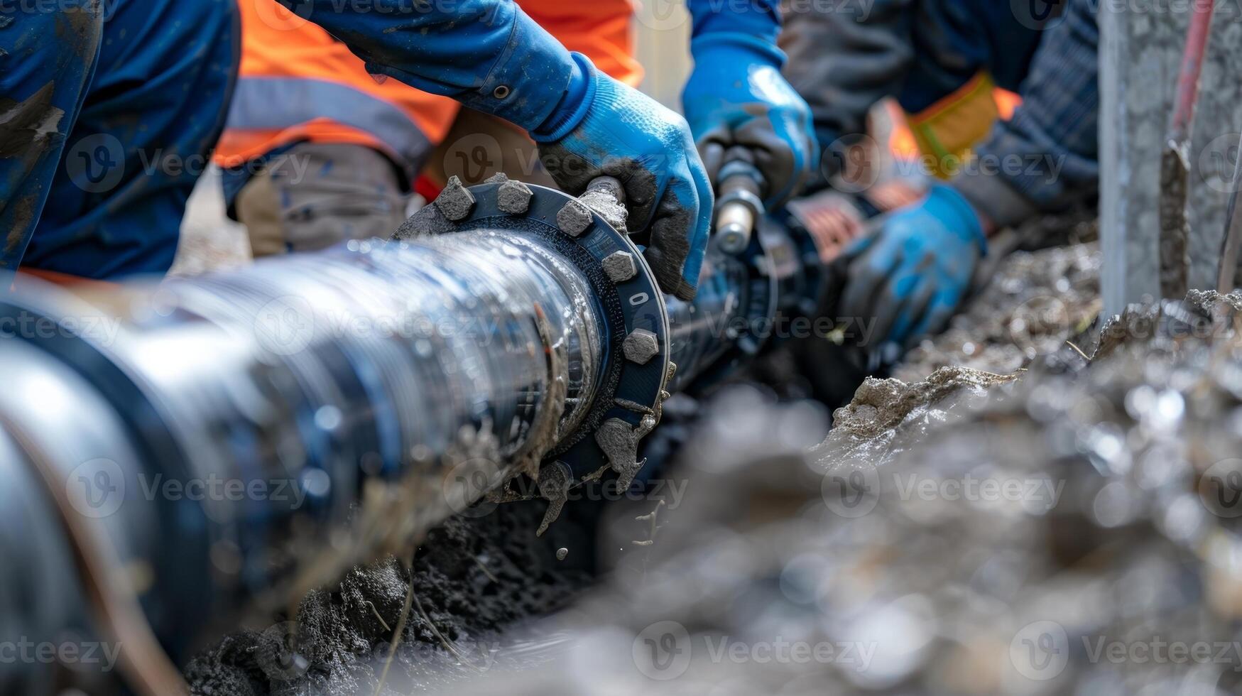 A closeup shot of the workers connecting individual pieces of pipe together with precision and accuracy ensuring a seamless flow of water or wastewater photo
