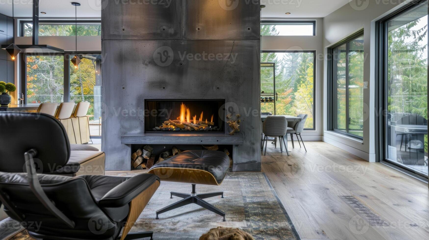 The concrete fireplace is a statement piece in the contemporary home its smooth surface adding depth and texture to the room. 2d flat cartoon photo