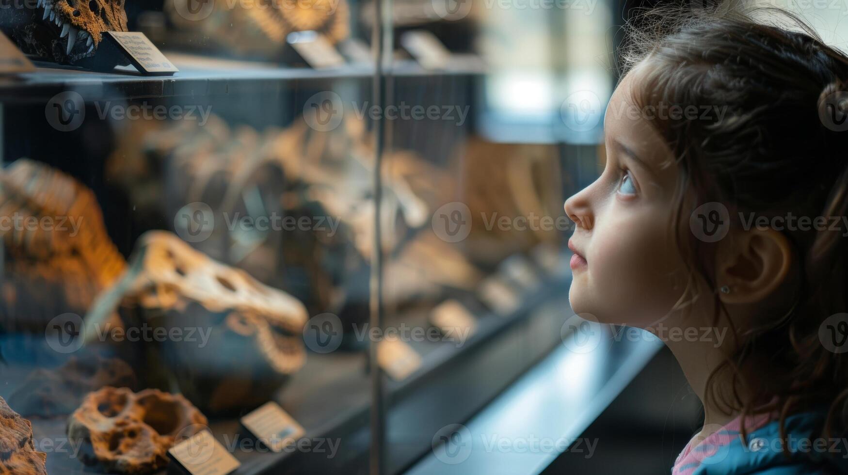 A young girl gazing in awe at the ancient fossils on display during a private museum tour photo
