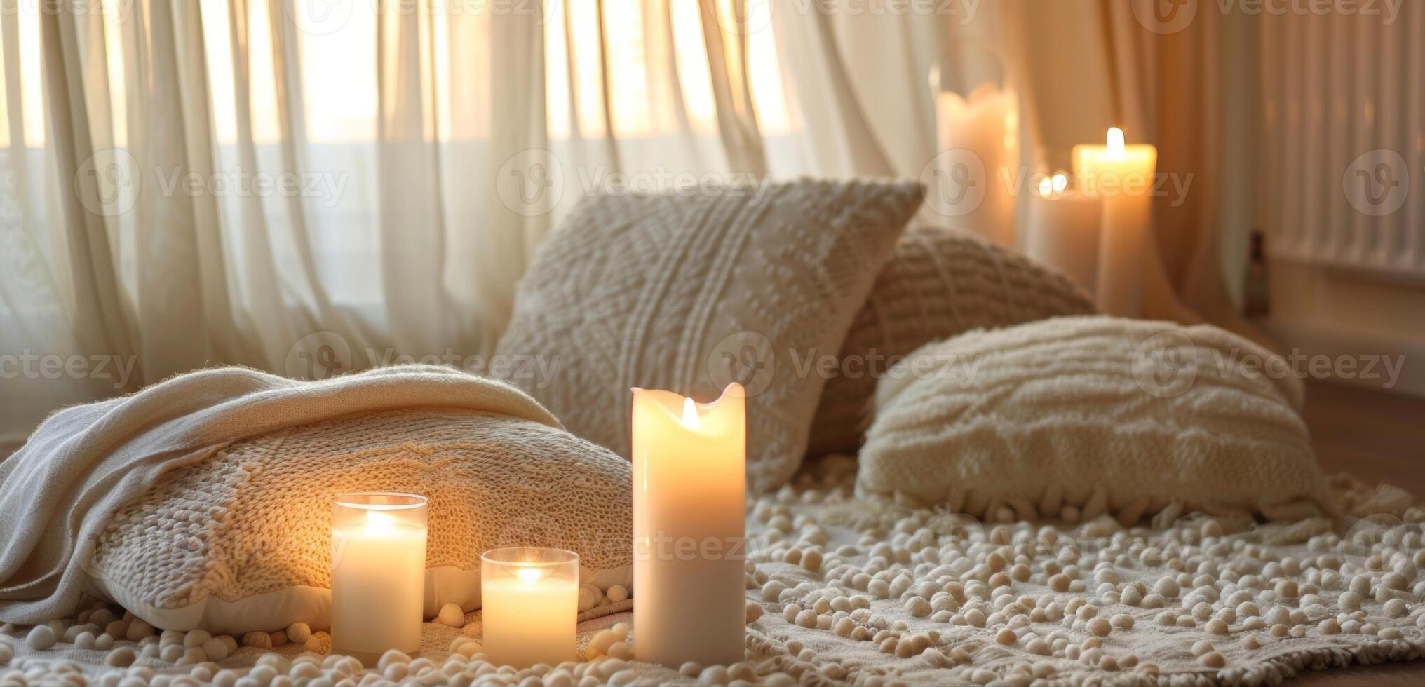 Cozy pillows and a soft rug add to the inviting feel of the reading nook warmed by the soft light of several candles. 2d flat cartoon photo