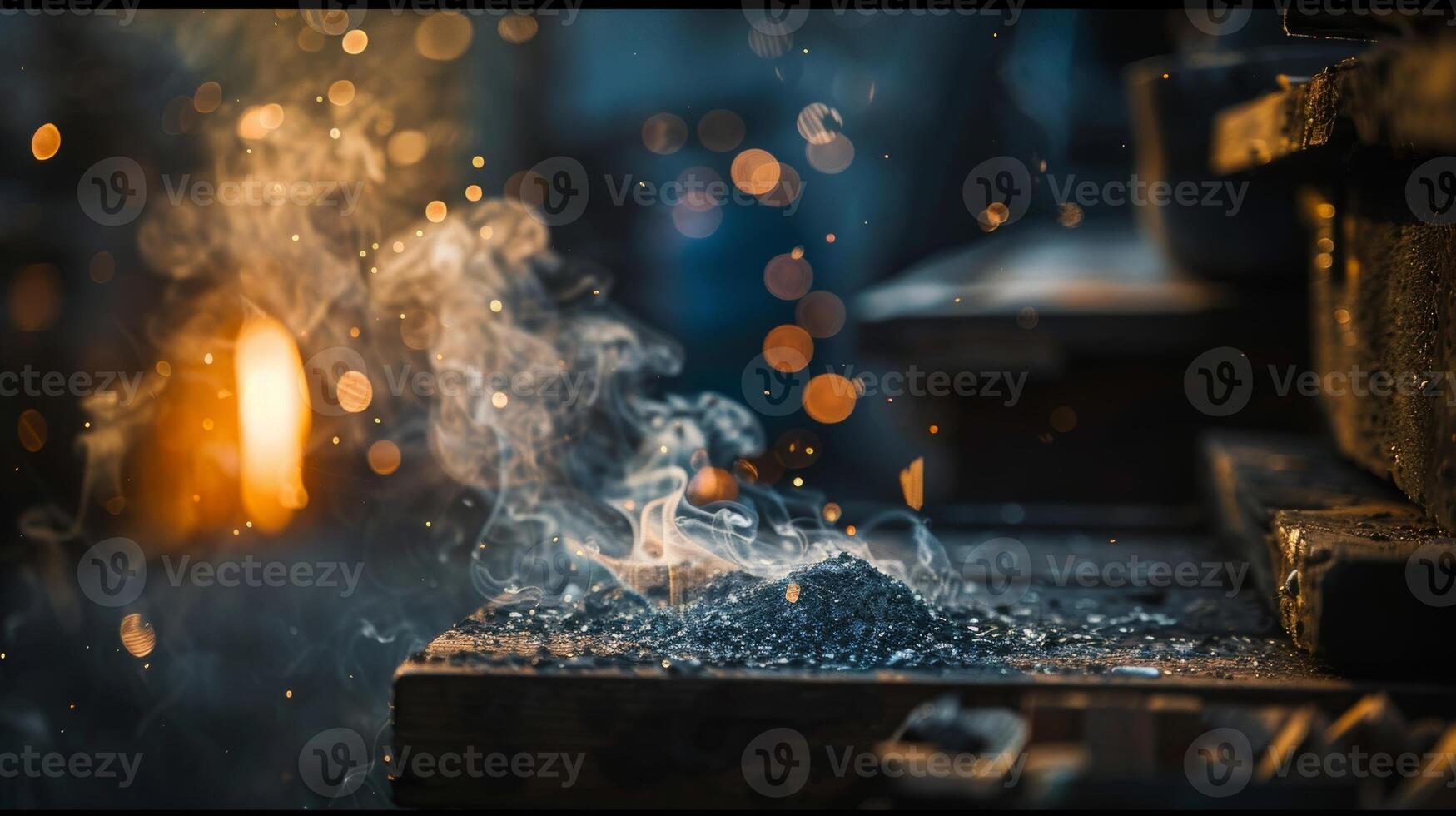 The smoke from the fire rises and dissipates into the starry sky adding to the enchanting ambiance of the workshop. 2d flat cartoon photo