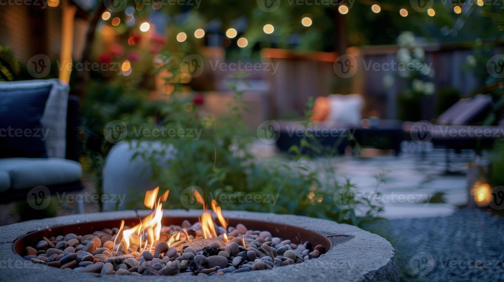 As dusk settles the fire pit becomes the focal point of the backyard casting a warm and welcoming glow that beckons guests to gather around. 2d flat cartoon photo