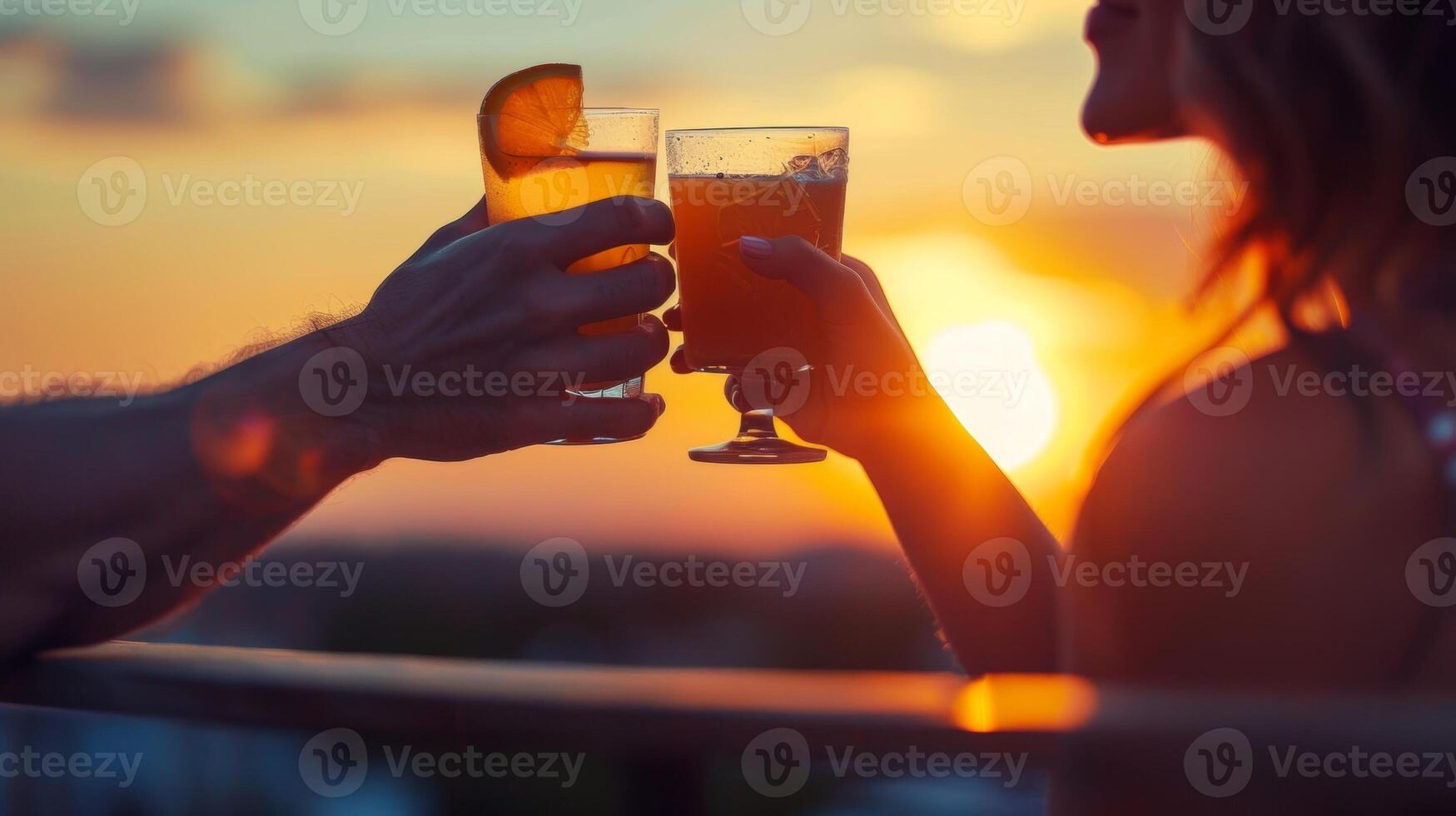 A couple holding hands and sipping on glasses of coldpressed juice while watching the sunset at the outdoor happy hour event photo