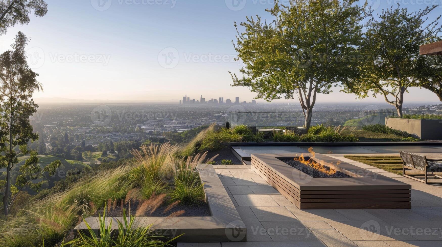 The fire pit area is cleverly positioned to offer breathtaking views of the surrounding landscape from the rolling hills to the towering cityscape in the distance. 2d flat cartoon photo