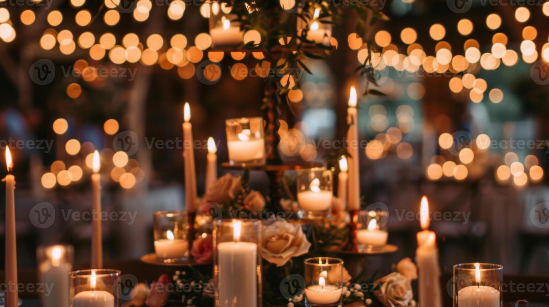 A mix of tealight candles and tapered candles are displayed on the multilevel platforms creating a visually striking centerpiece for this boho chic wedding reception. 2d flat cartoon photo