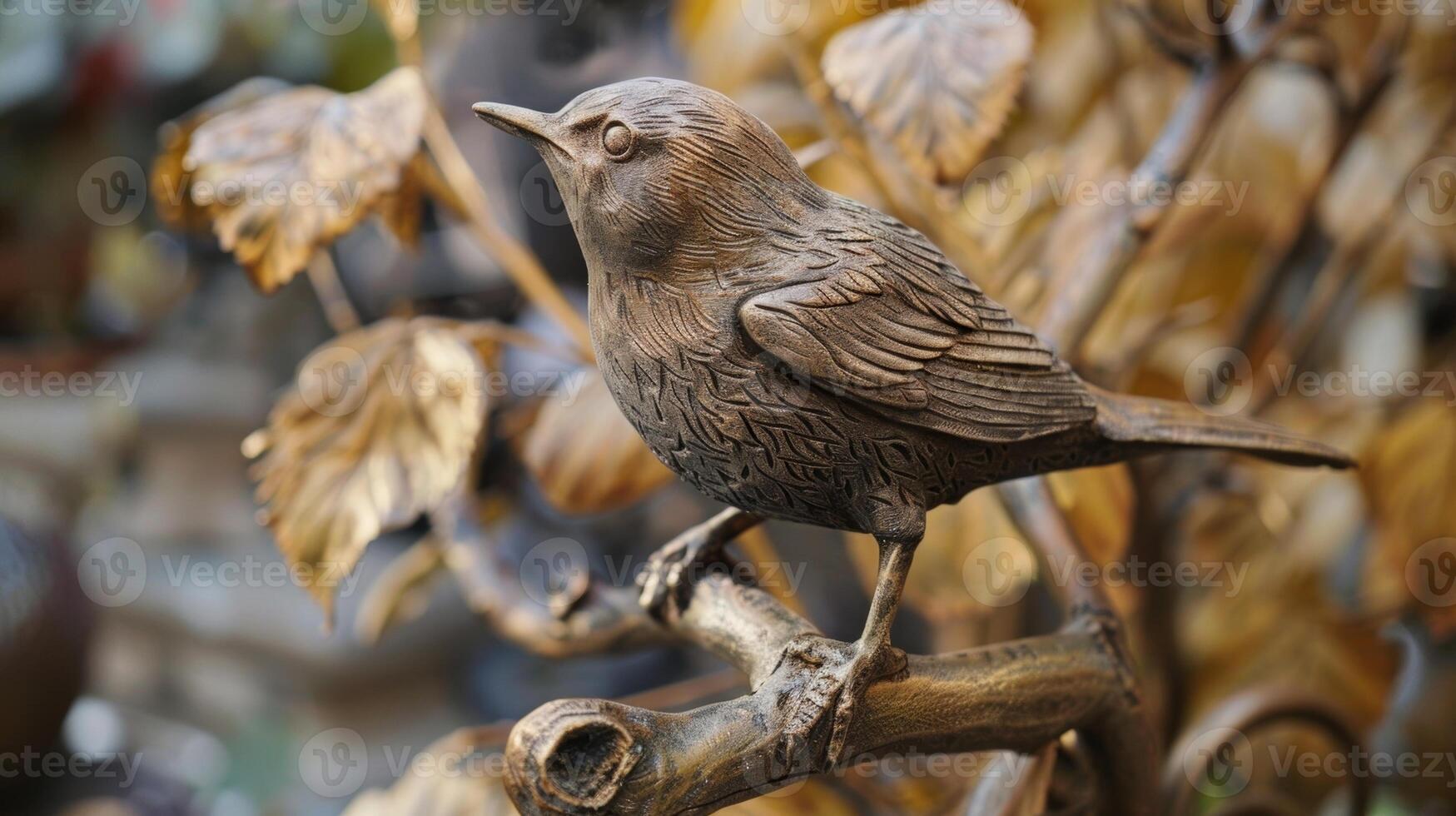 A finished stoneware sculpture of a bird perched on a tree branch proudly stands on display highlighting the impressive durability of the medium. photo