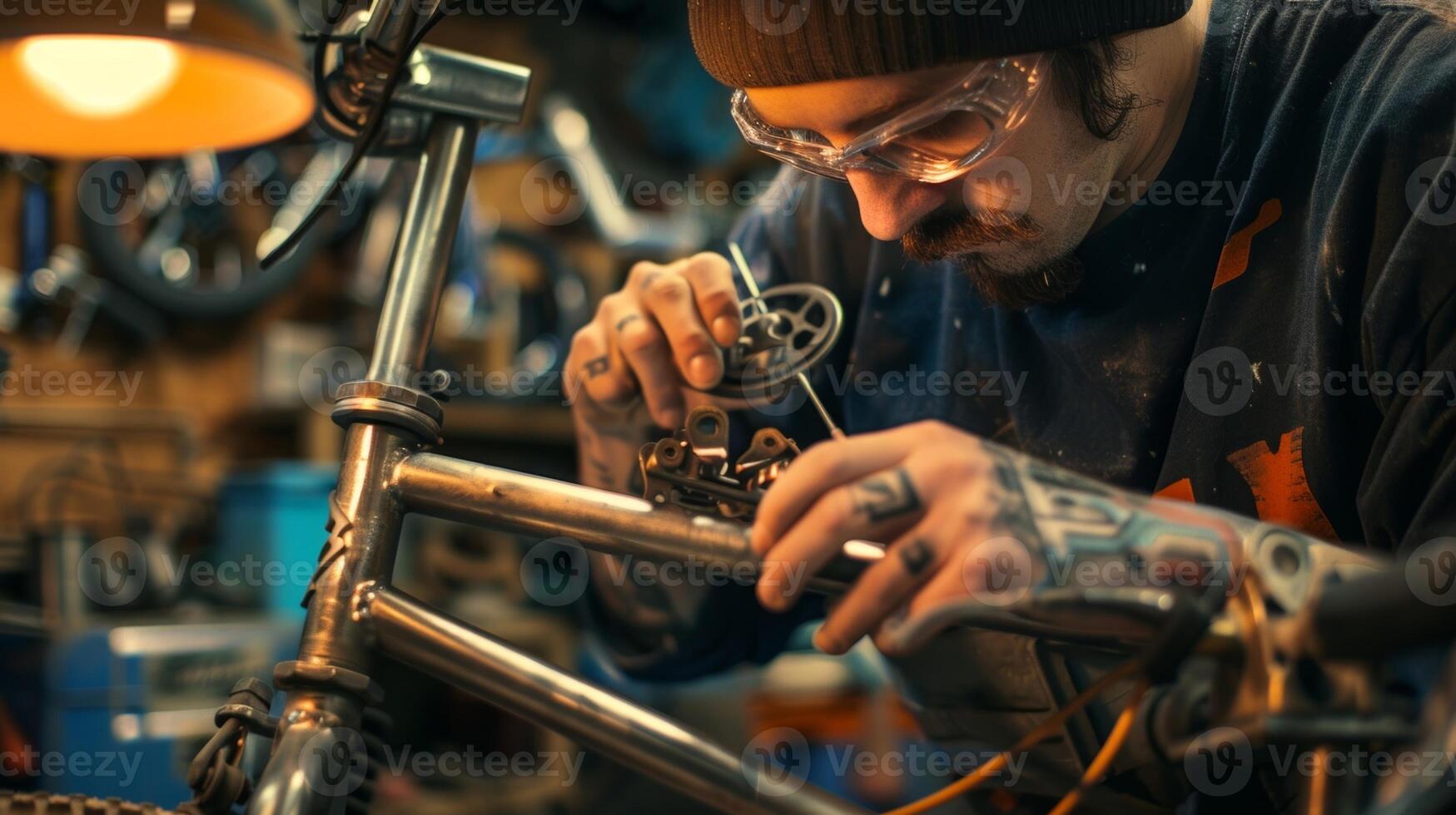 un experto artesano meticulosamente medidas y s individual piezas de metal formación ellos dentro el Perfecto marco para un personalizado bicicleta foto