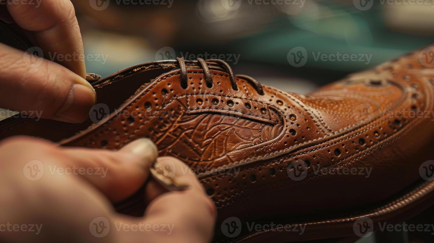 Beautifully intricate stitching being added by hand to the upper of a bespoke shoe photo